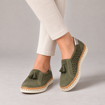 Sadie Stretch Tassel Loafers — Green | Hudson & Wells
