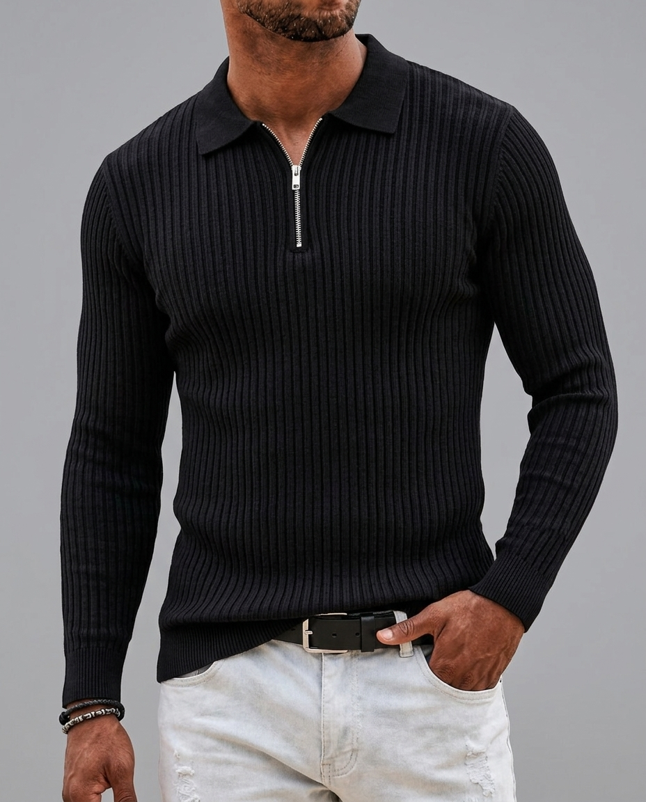 Theo Ribbed Quarter-Zip Polo — Black | Hudson & Wells