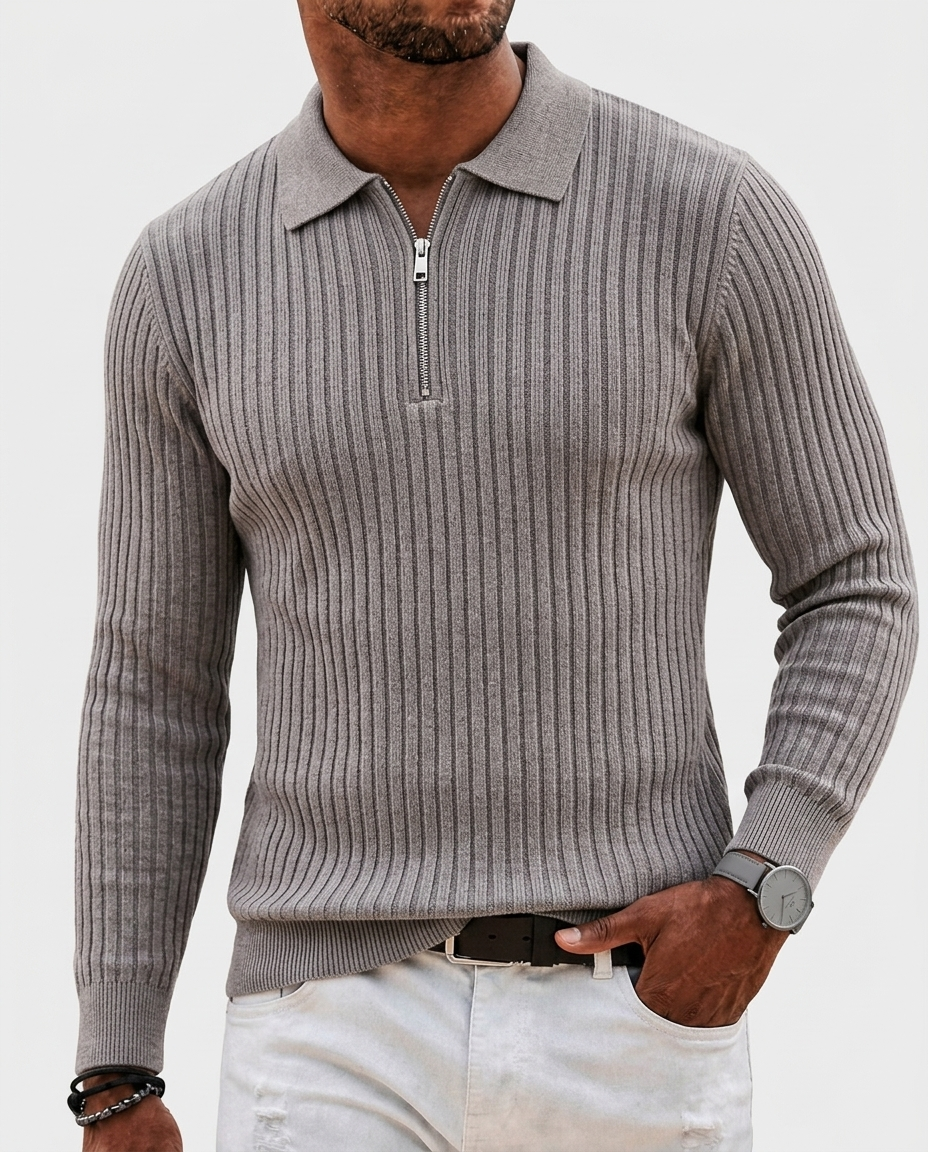 Theo Ribbed Quarter-Zip Polo — Gray | Hudson & Wells
