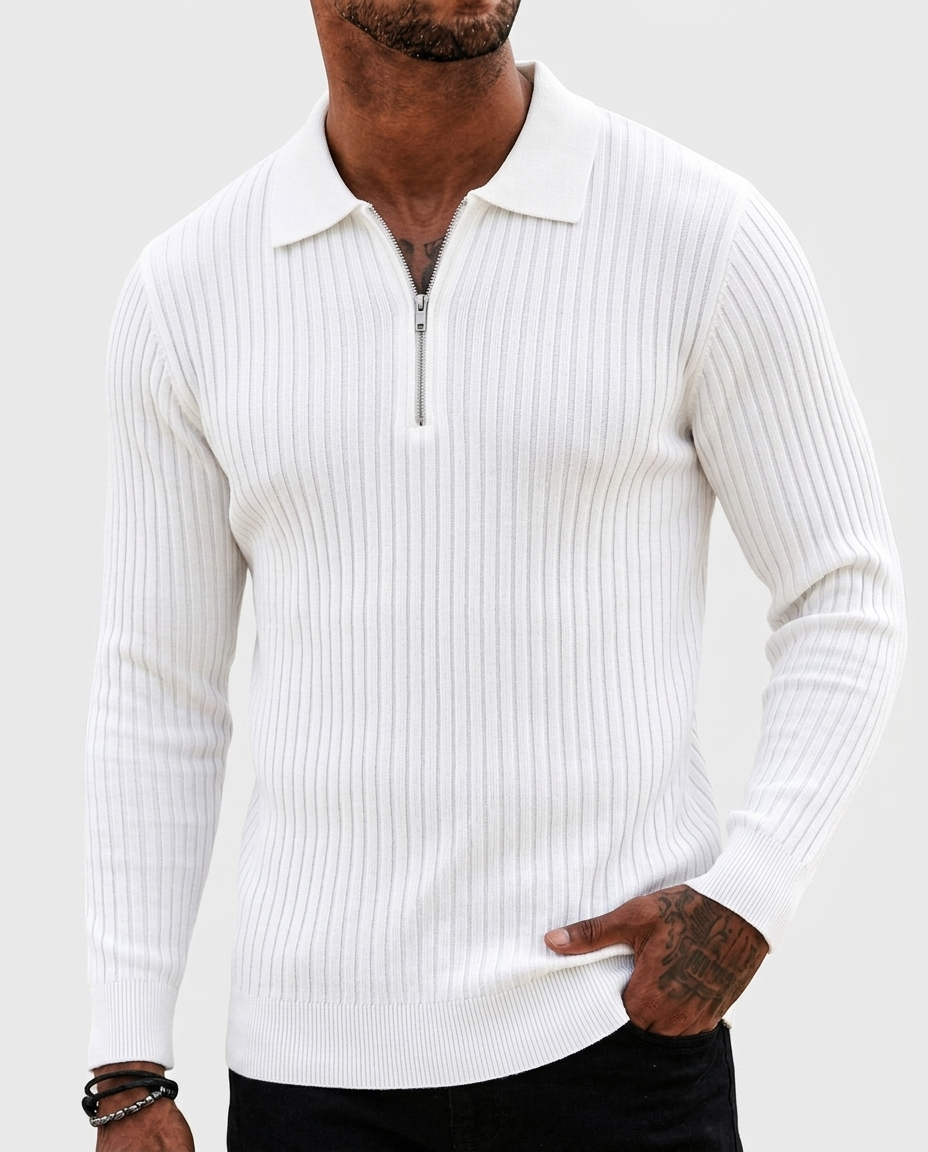 Theo Ribbed Quarter-Zip Polo — White | Hudson & Wells
