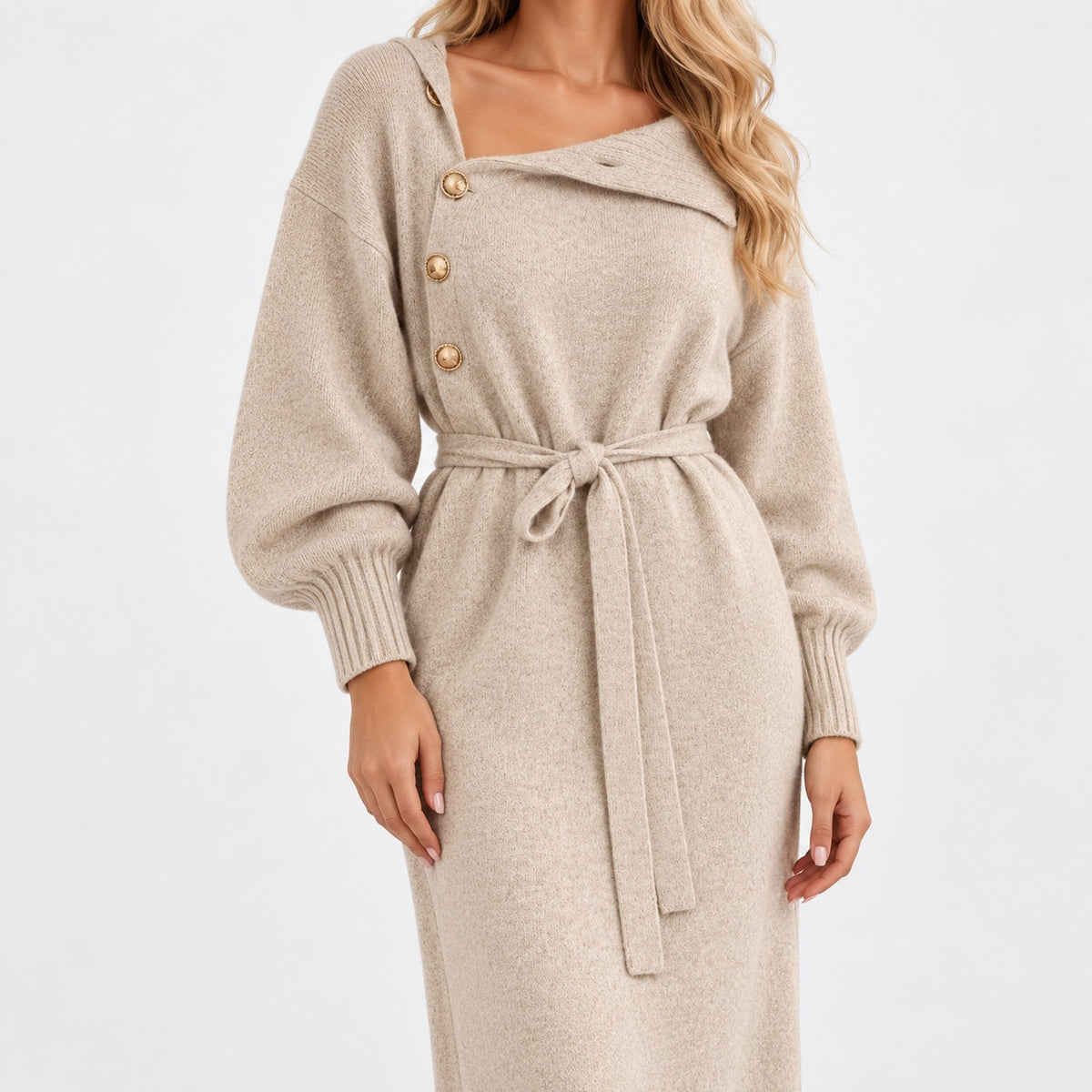 Theresa Tie-Waist Knit Dress, Button Neckline — Apricot | Hudson & Wells