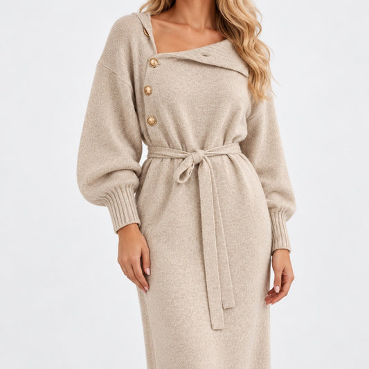 Theresa Tie-Waist Knit Dress, Button Neckline — Apricot | Hudson & Wells