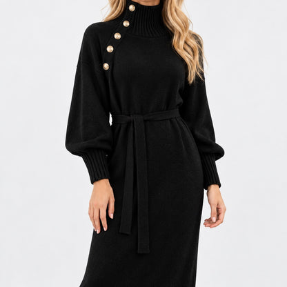 Theresa Tie-Waist Knit Dress, Button Neckline — Black | Hudson & Wells
