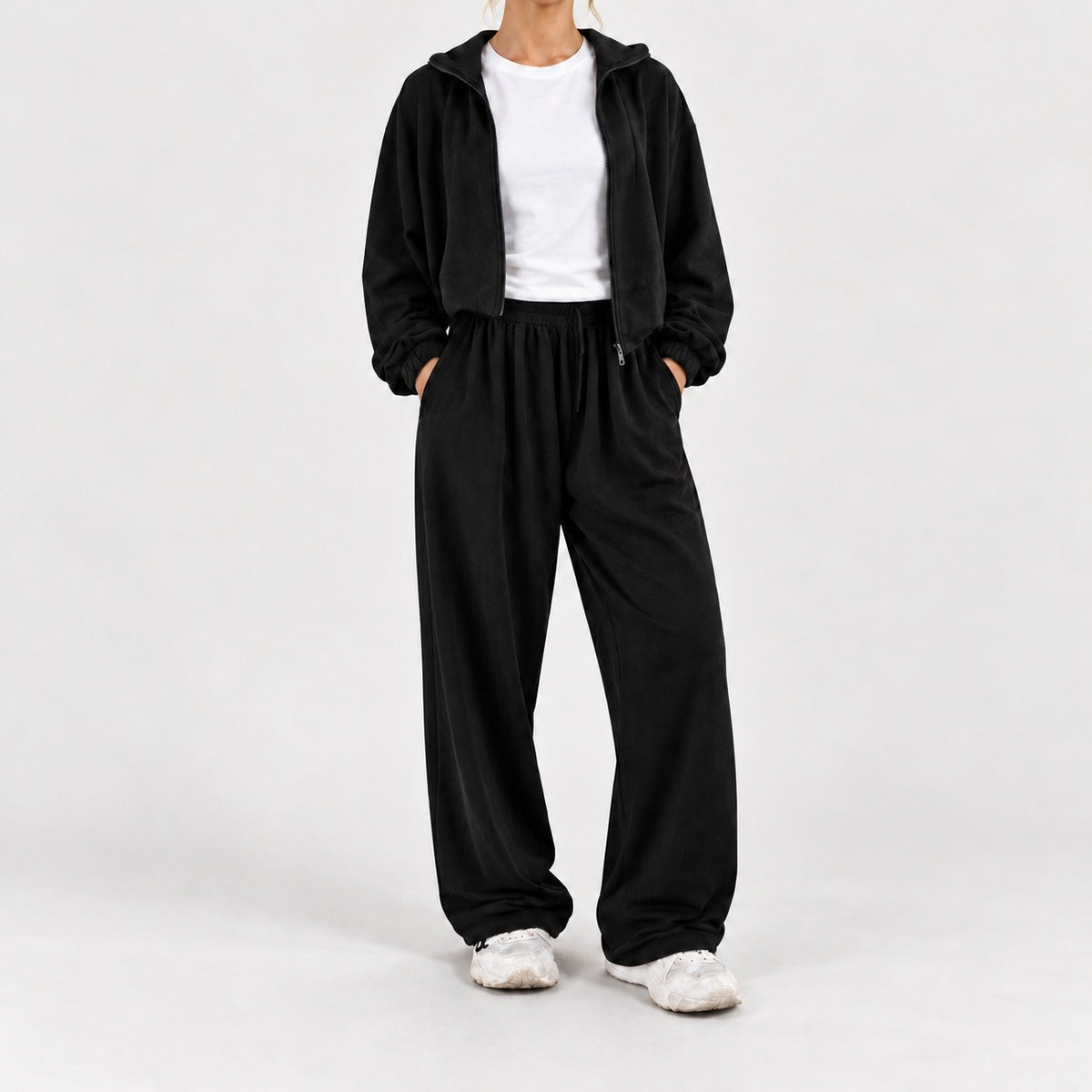 Verna Relaxed Fit Hooded Two-Piece Set — Black | Hudson & Wells