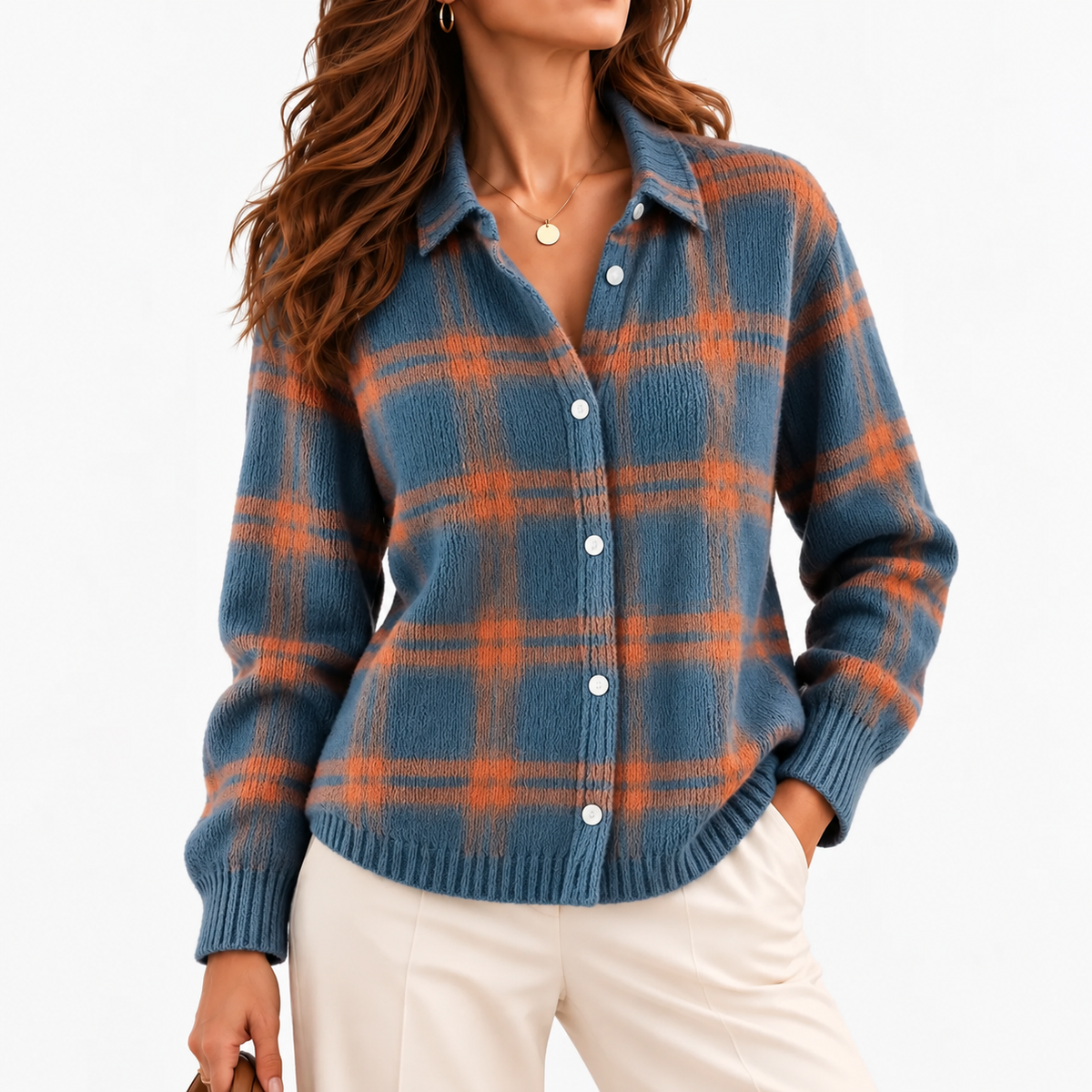Viola Plaid Button-Front Cardigan — Blue & Orange Plaid | Hudson & Wells