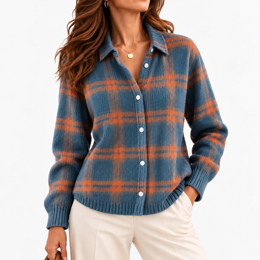Viola Plaid Button-Front Cardigan — Blue & Orange Plaid | Hudson & Wells