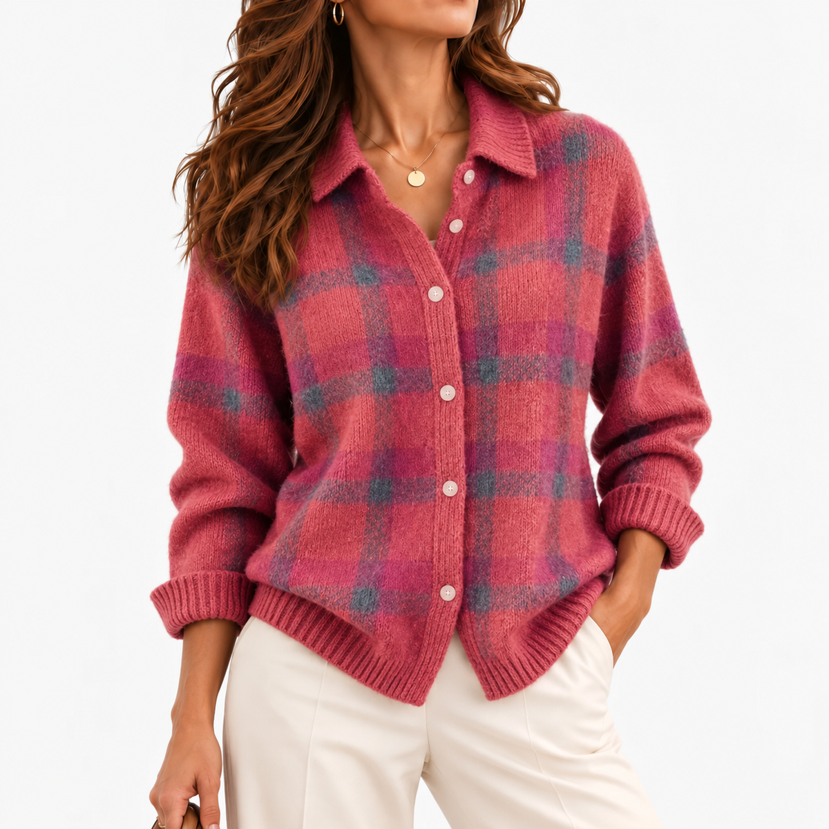 Viola Plaid Button-Front Cardigan — Coral Pink Plaid | Hudson & Wells