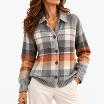 Viola Plaid Button-Front Cardigan — Grey & Brown Plaid | Hudson & Wells