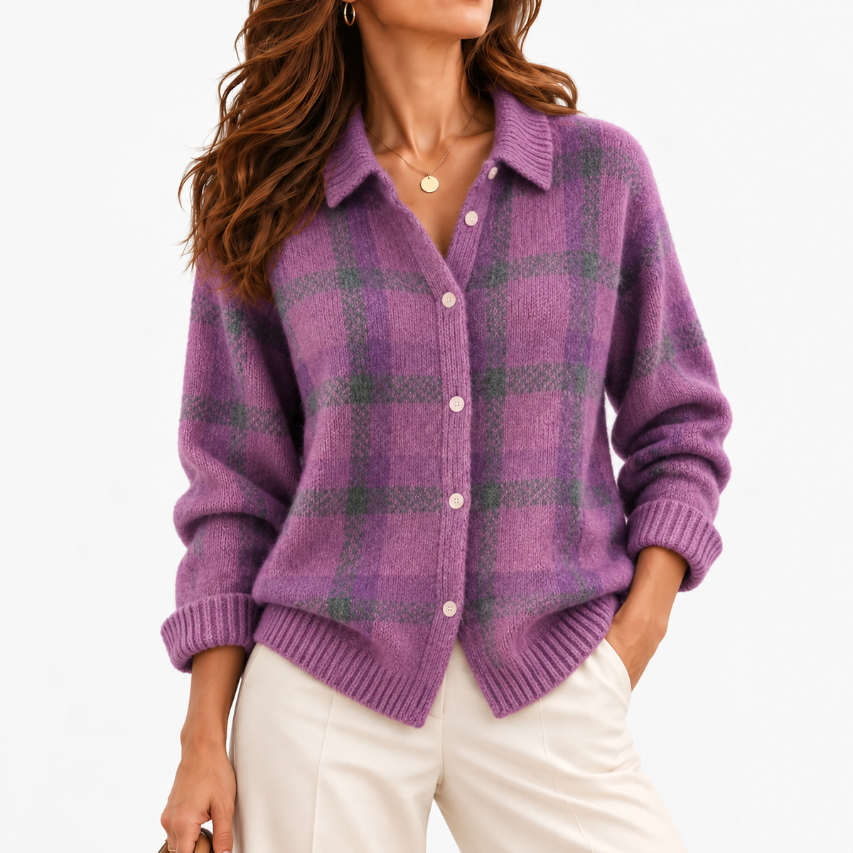 Viola Plaid Button-Front Cardigan — Lilac Plaid | Hudson & Wells