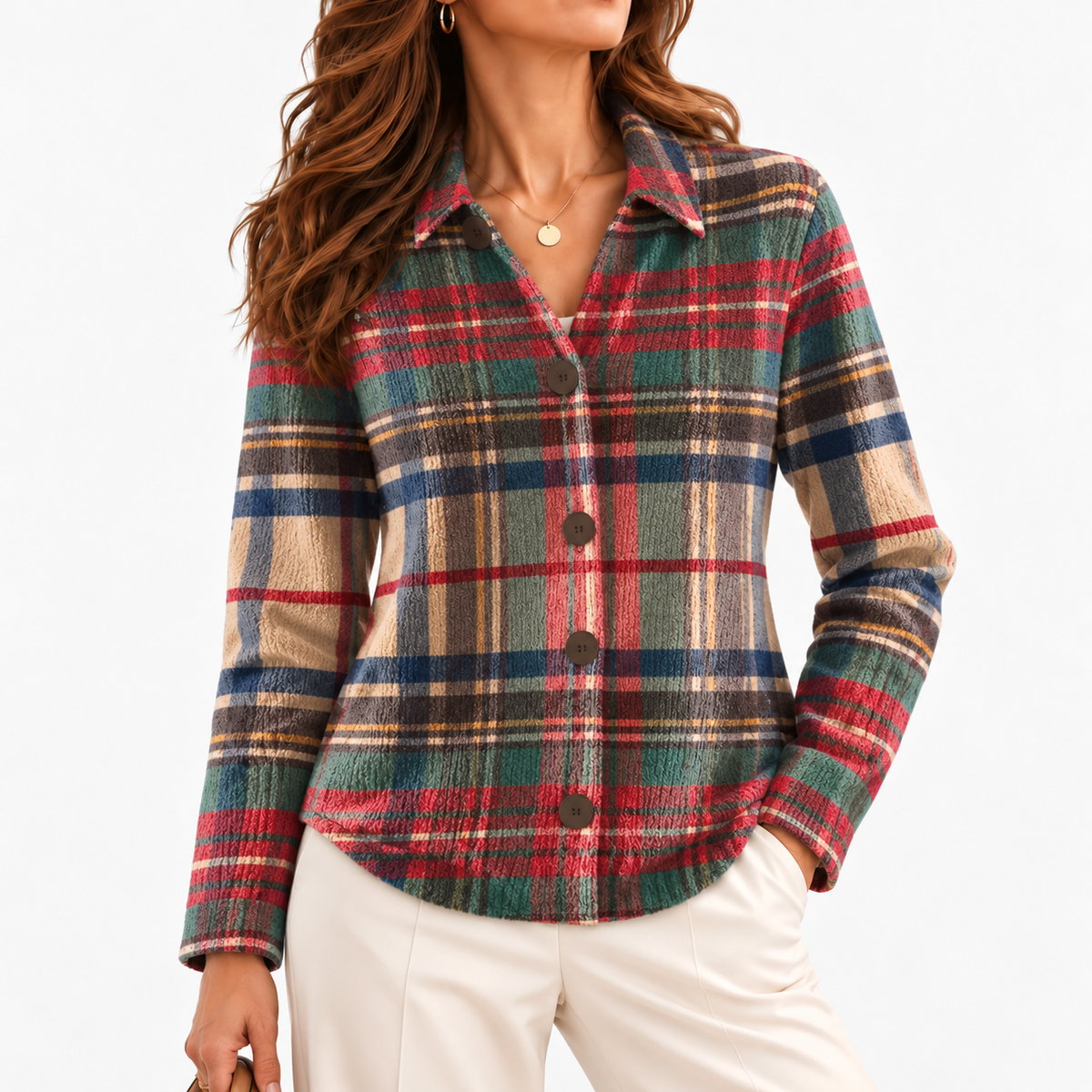 Viola Plaid Button-Front Cardigan — Muted Multicolour Plaid | Hudson & Wells