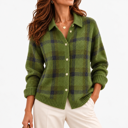 Viola Plaid Button-Front Cardigan — Olive Plaid | Hudson & Wells