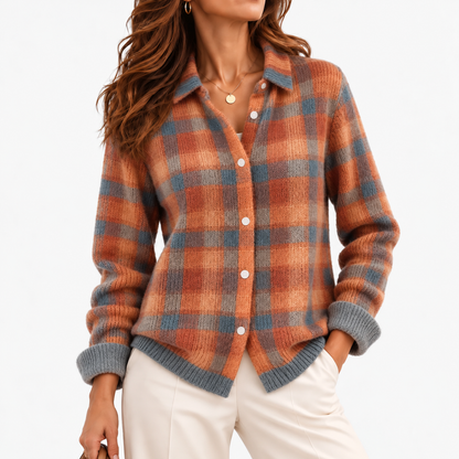 Viola Plaid Button-Front Cardigan — Orange & Green Plaid | Hudson & Wells