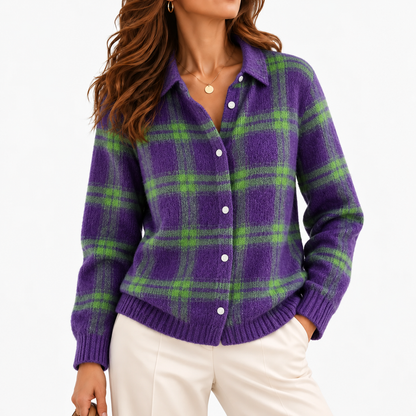 Viola Plaid Button-Front Cardigan — Purple & Green Plaid | Hudson & Wells
