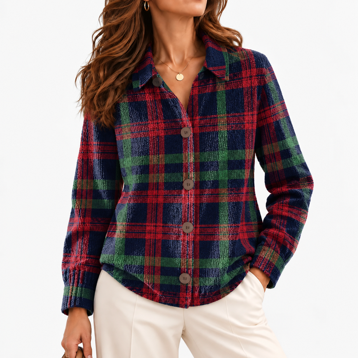 Viola Plaid Button-Front Cardigan — Red & Navy Plaid | Hudson & Wells