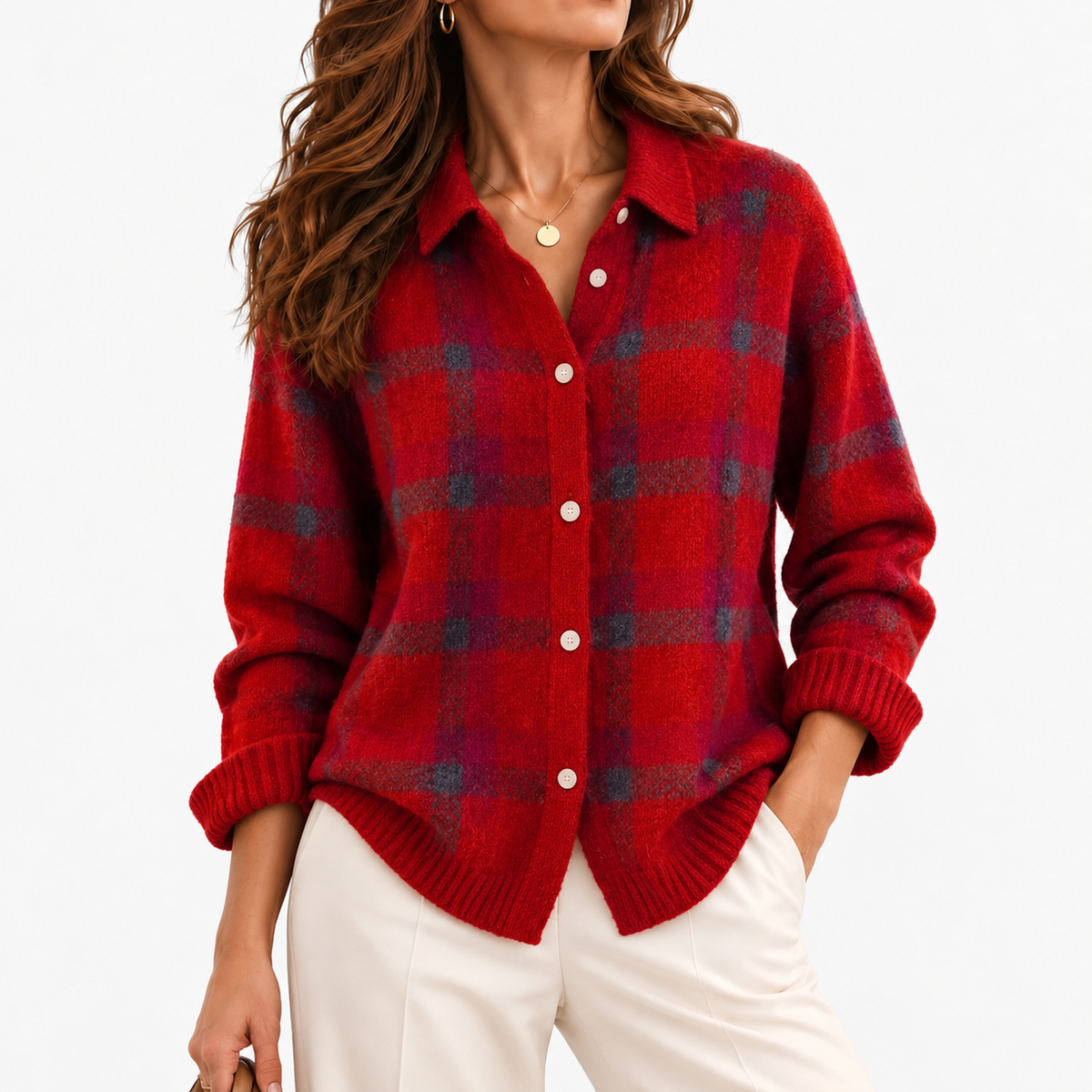 Viola Plaid Button-Front Cardigan — Red Plaid | Hudson & Wells
