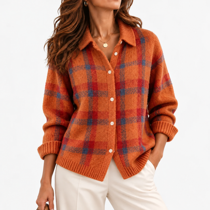Viola Plaid Button-Front Cardigan — Rust Plaid | Hudson & Wells