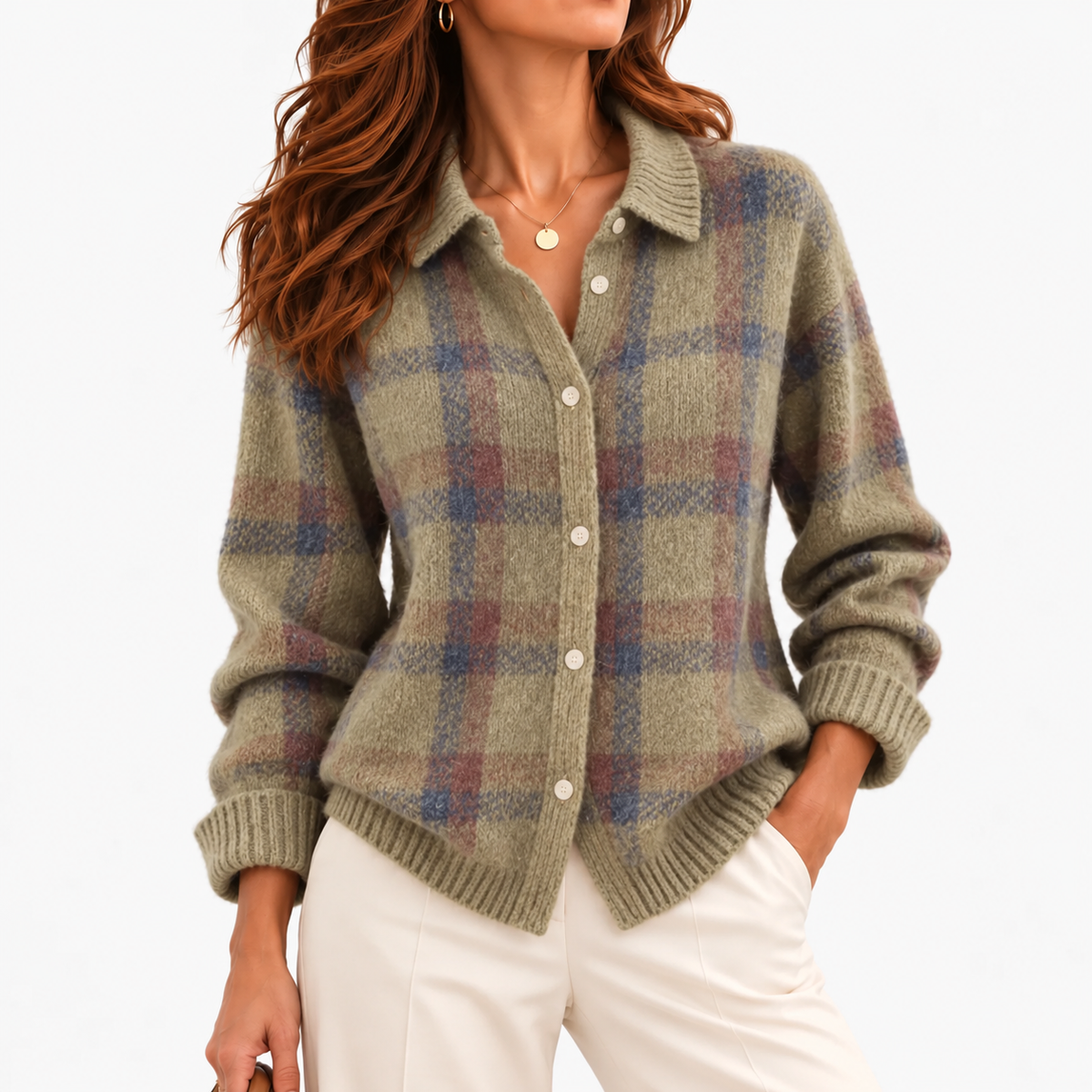 Viola Plaid Button-Front Cardigan — Sage Plaid | Hudson & Wells