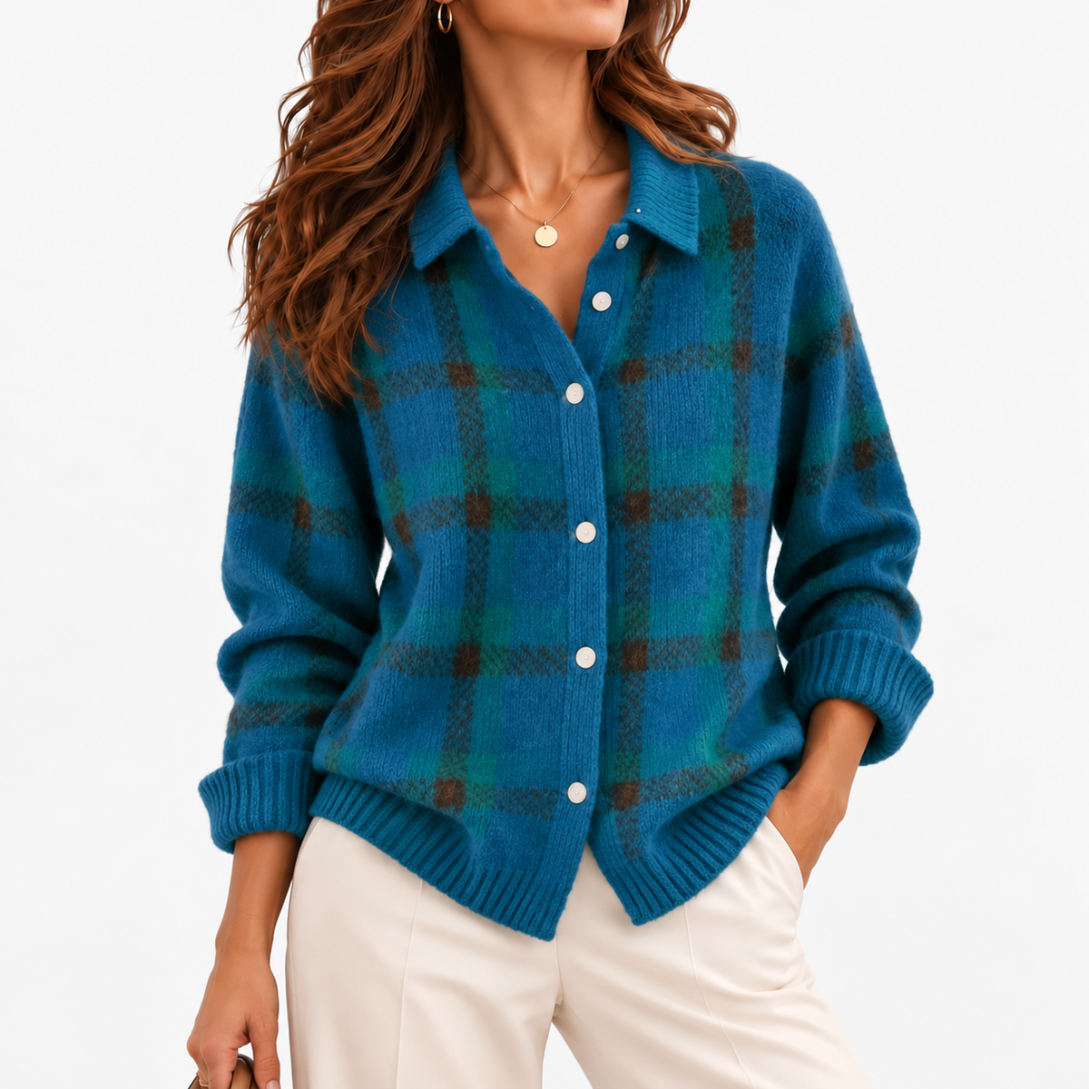 Viola Plaid Button-Front Cardigan — Teal Plaid | Hudson & Wells