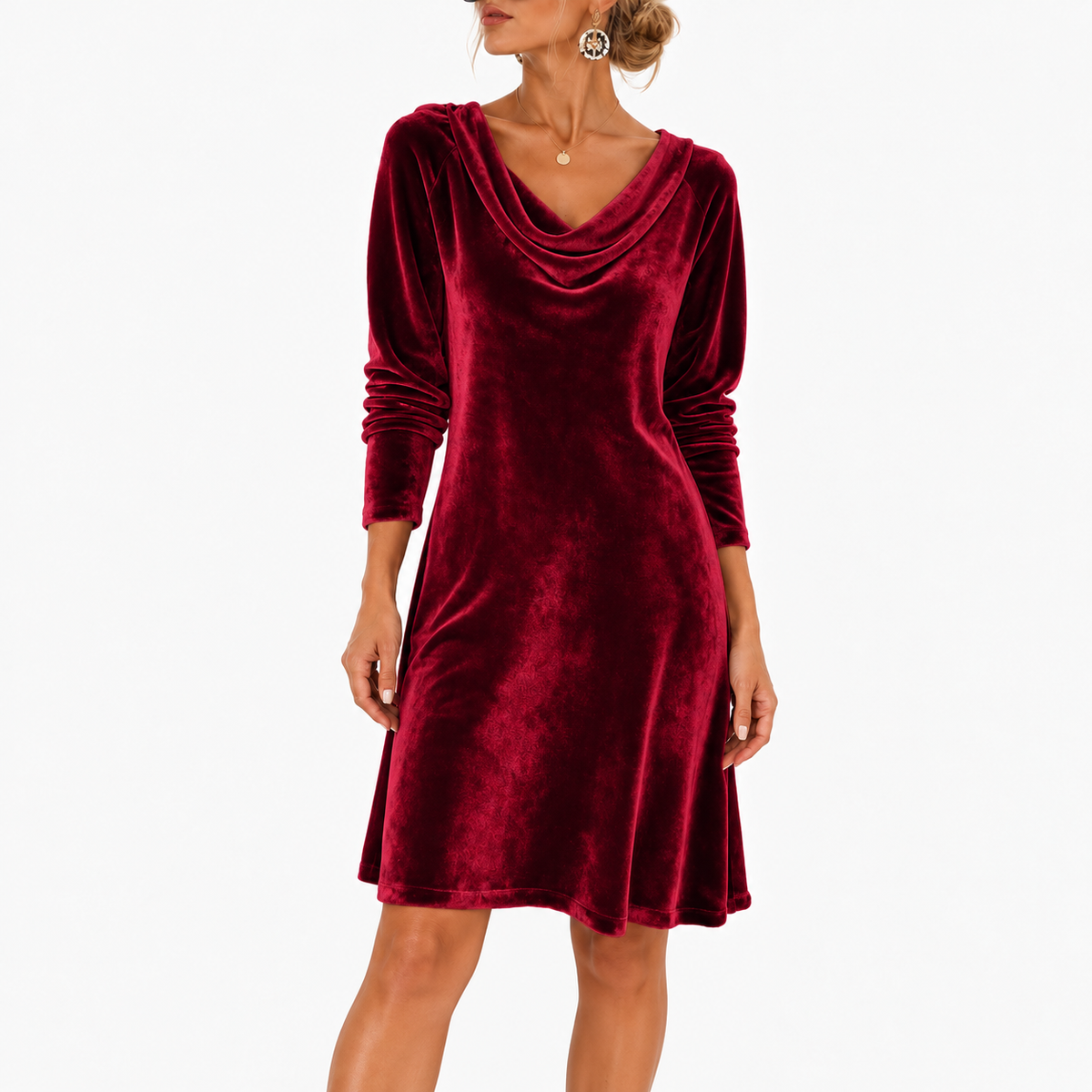 Violet Soft Cowl-Neck Mini Dress, Long Sleeve — Burgundy | Hudson & Wells