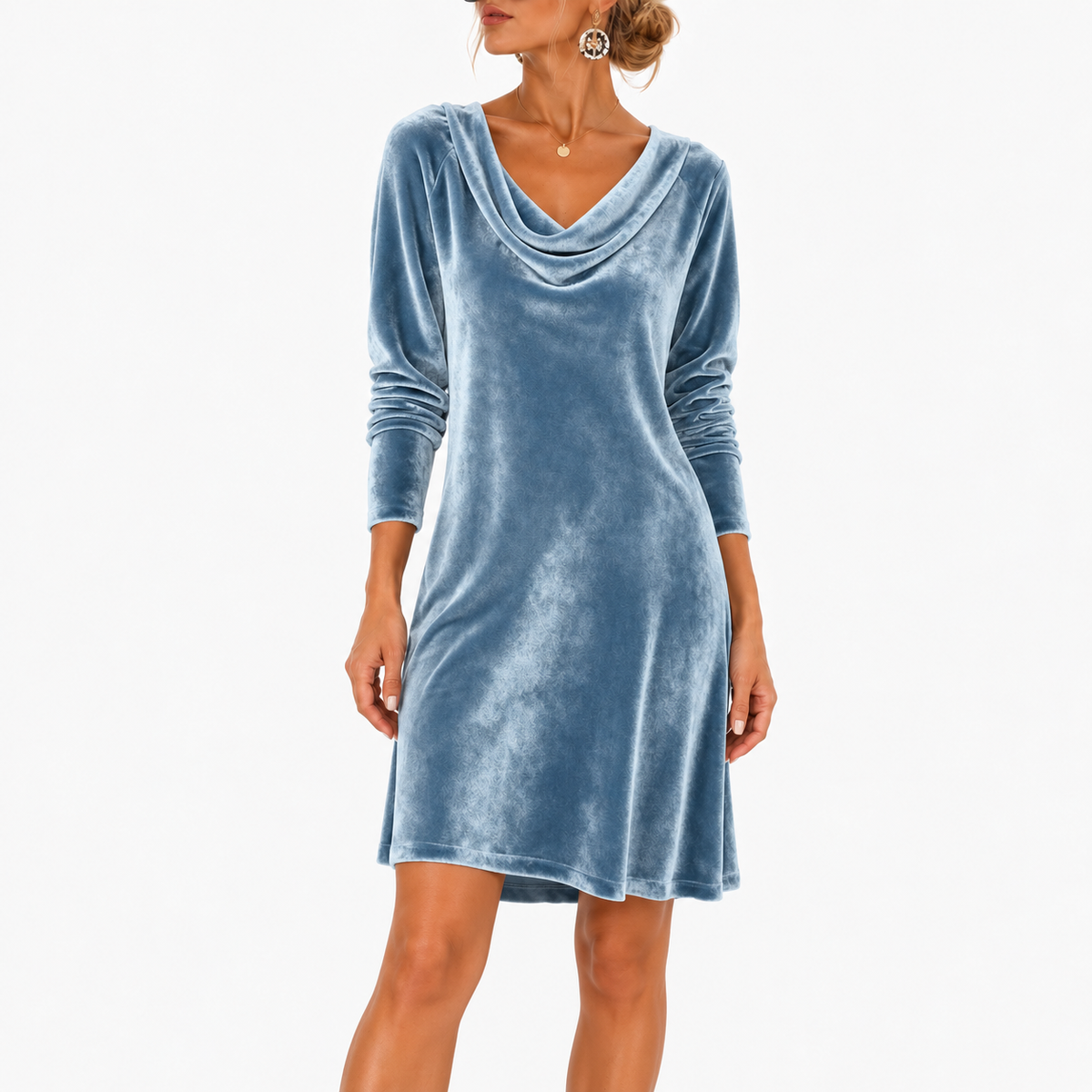 Violet Soft Cowl-Neck Mini Dress, Long Sleeve — Light Blue | Hudson & Wells