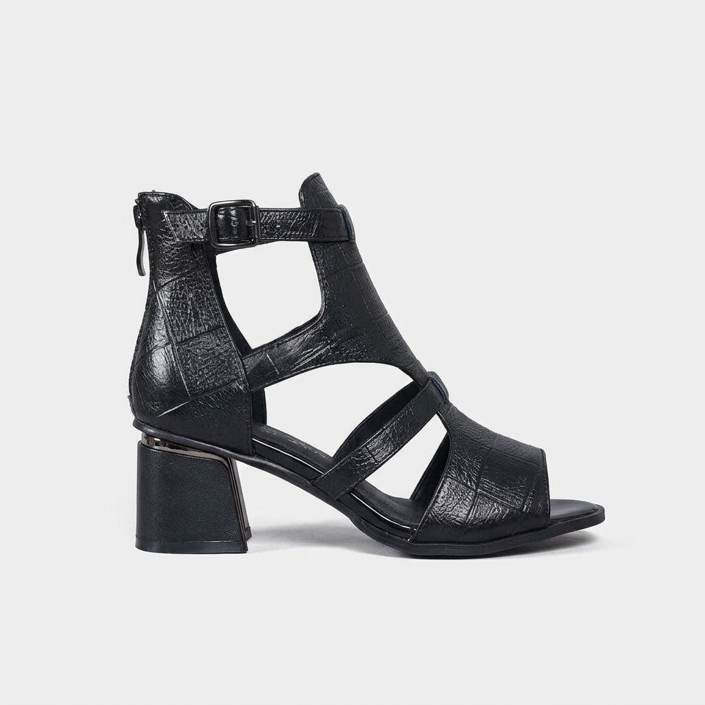Walker Caged Block-Heel Sandal — Black | Hudson & Wells
