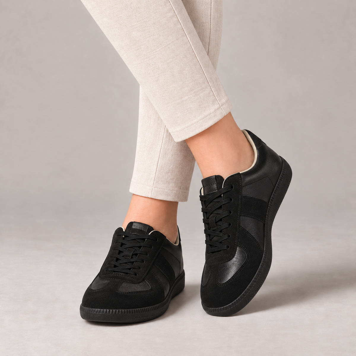 Willa Genuine Leather Sneakers, Rounded Toe — All Black (Dx ) | Hudson & Wells