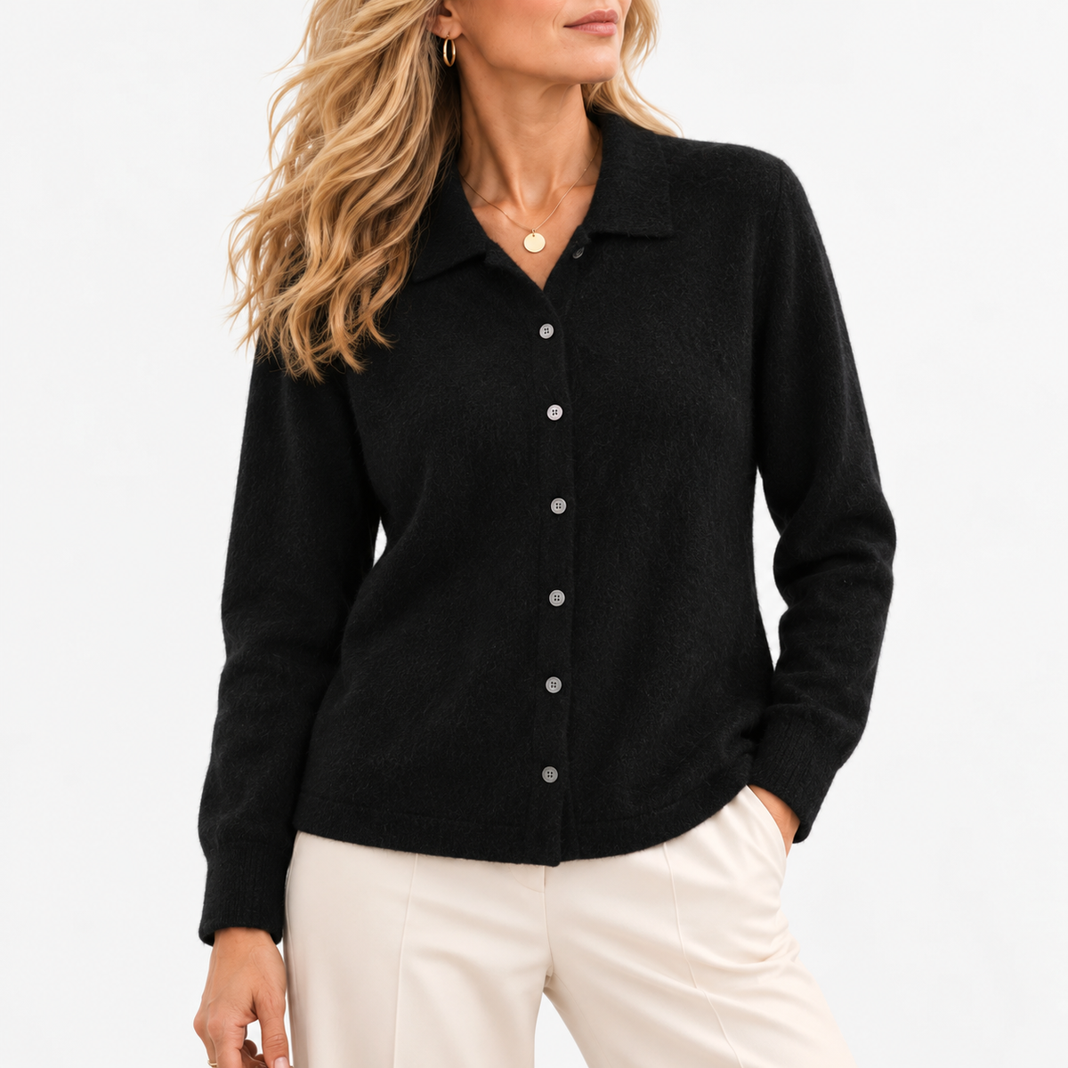 Wilma Soft Collared Cardigan, Button Front — Black | Hudson & Wells
