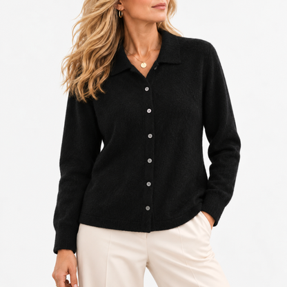 Wilma Soft Collared Cardigan, Button Front — Black | Hudson & Wells