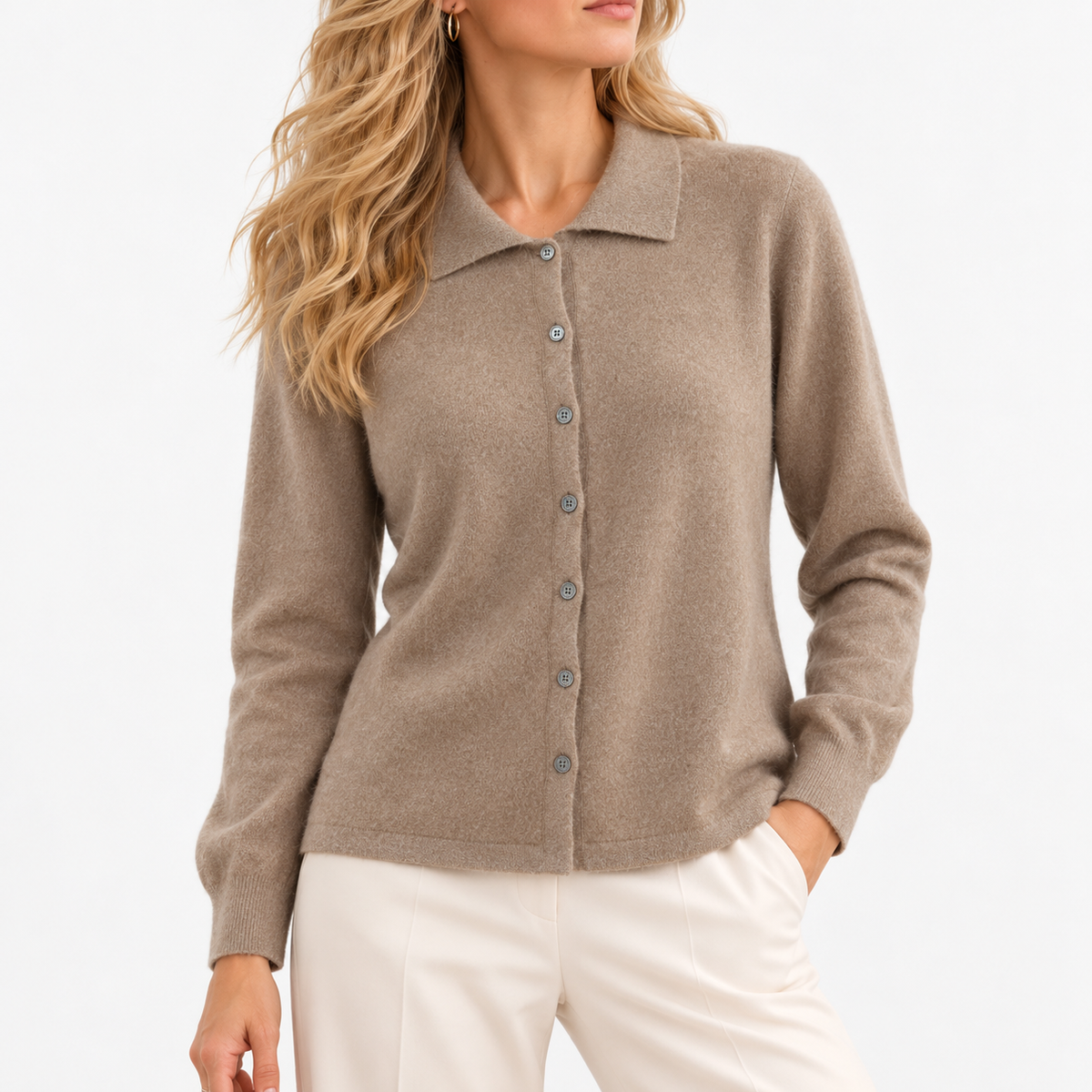 Wilma Soft Collared Cardigan, Button Front — Camel | Hudson & Wells