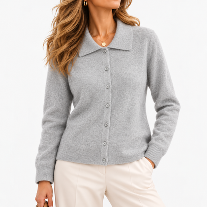 Wilma Soft Collared Cardigan, Button Front — Light Gray | Hudson & Wells