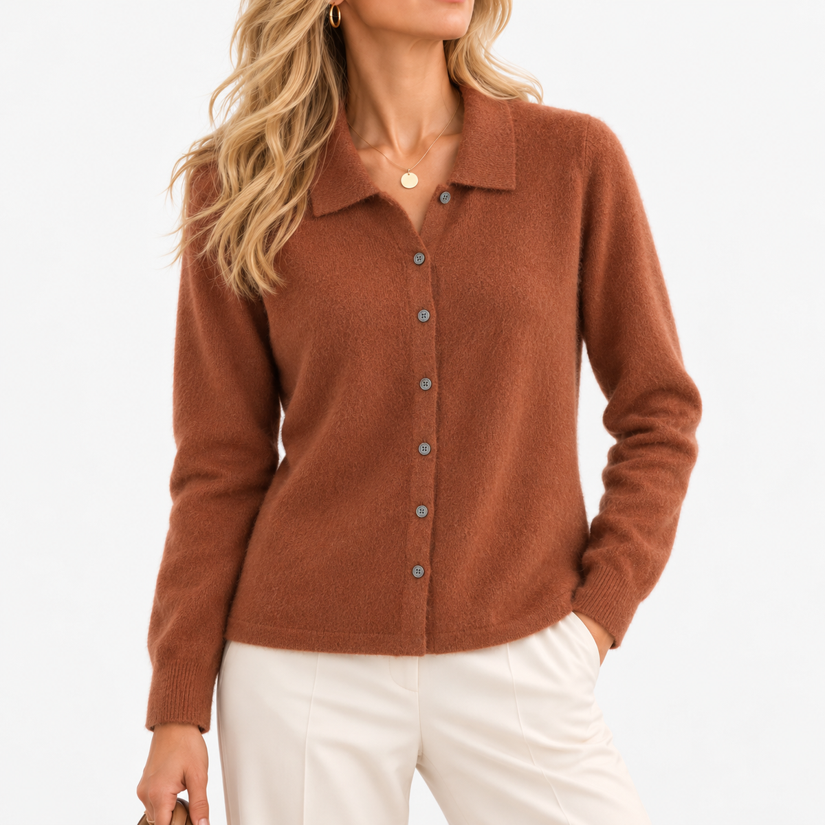 Wilma Soft Collared Cardigan, Button Front — Red / Camel | Hudson & Wells