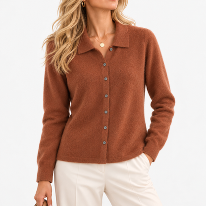 Wilma Soft Collared Cardigan, Button Front — Red / Camel | Hudson & Wells