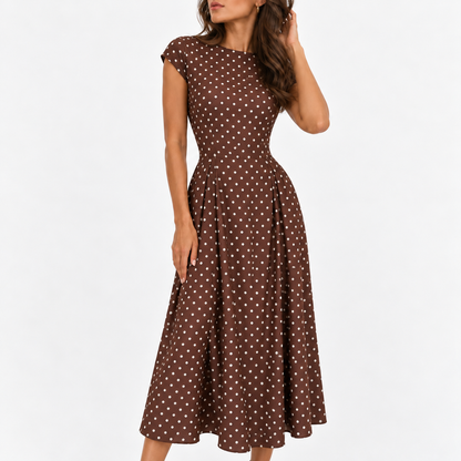 Winnie Stretch Polka Dot Dress, Cap Sleeve — Brown | Hudson & Wells