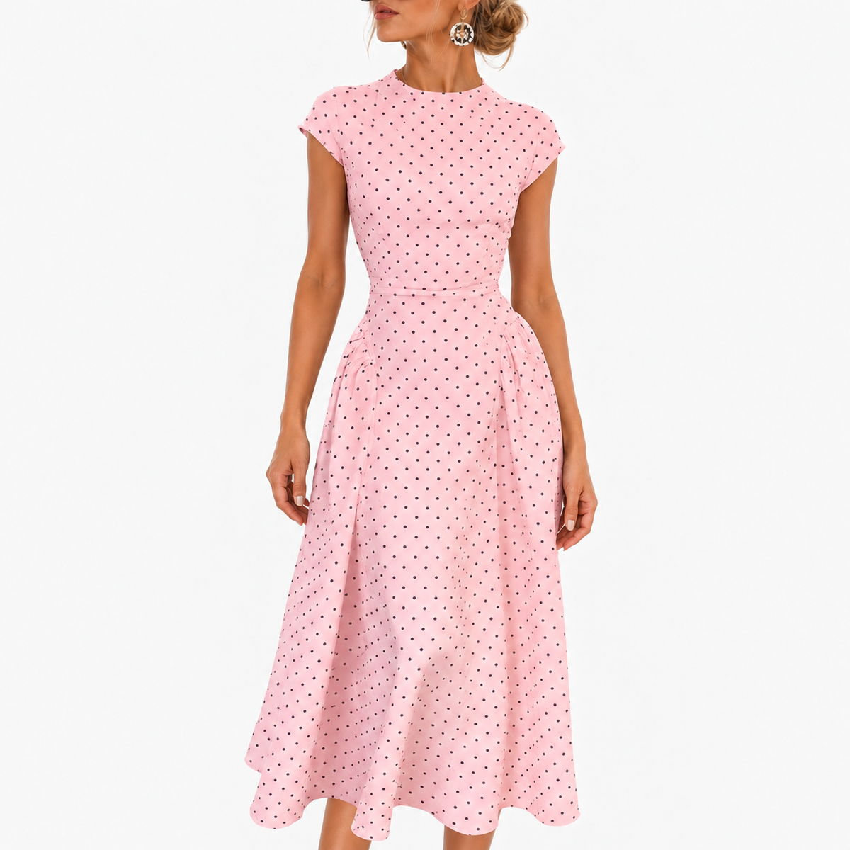 Winnie Stretch Polka Dot Dress, Cap Sleeve — Pink | Hudson & Wells