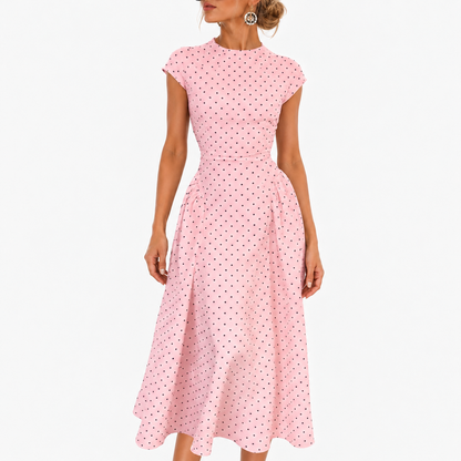 Winnie Stretch Polka Dot Dress, Cap Sleeve — Pink | Hudson & Wells