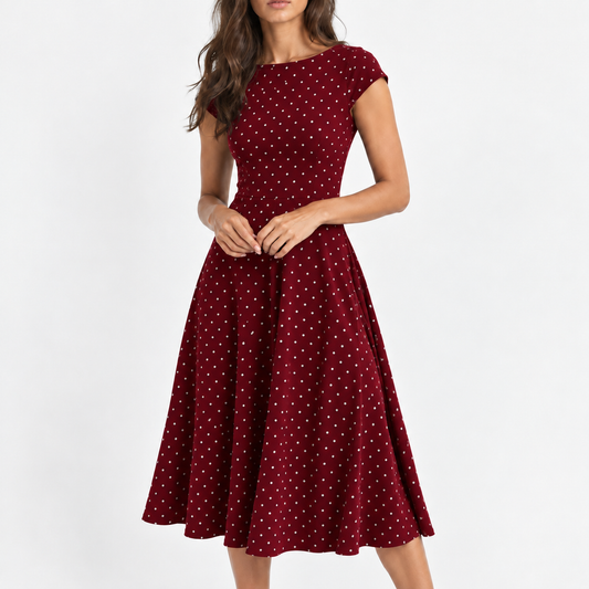 Winnie Stretch Polka Dot Dress, Cap Sleeve — Red | Hudson & Wells