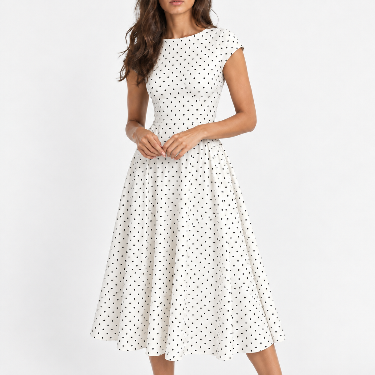 Winnie Stretch Polka Dot Dress, Cap Sleeve — White | Hudson & Wells