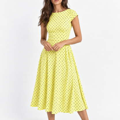 Winnie Stretch Polka Dot Dress, Cap Sleeve — Yellow | Hudson & Wells