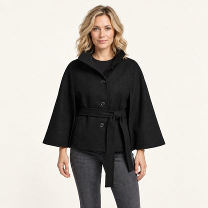 Winona Belted Wrap Jacket, Stand Collar — Schwarz | Hudson & Wells