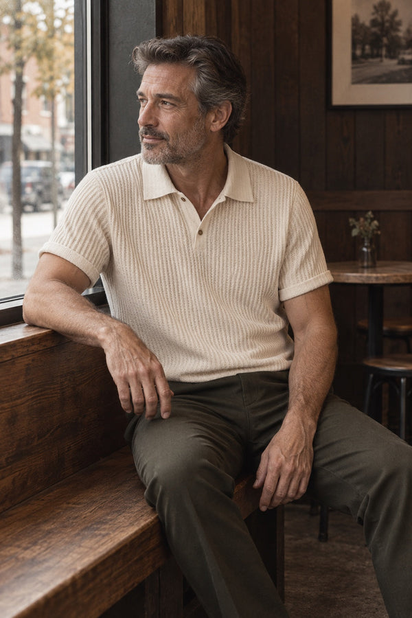 Man in the Addison Cloudknit Polo by a café window