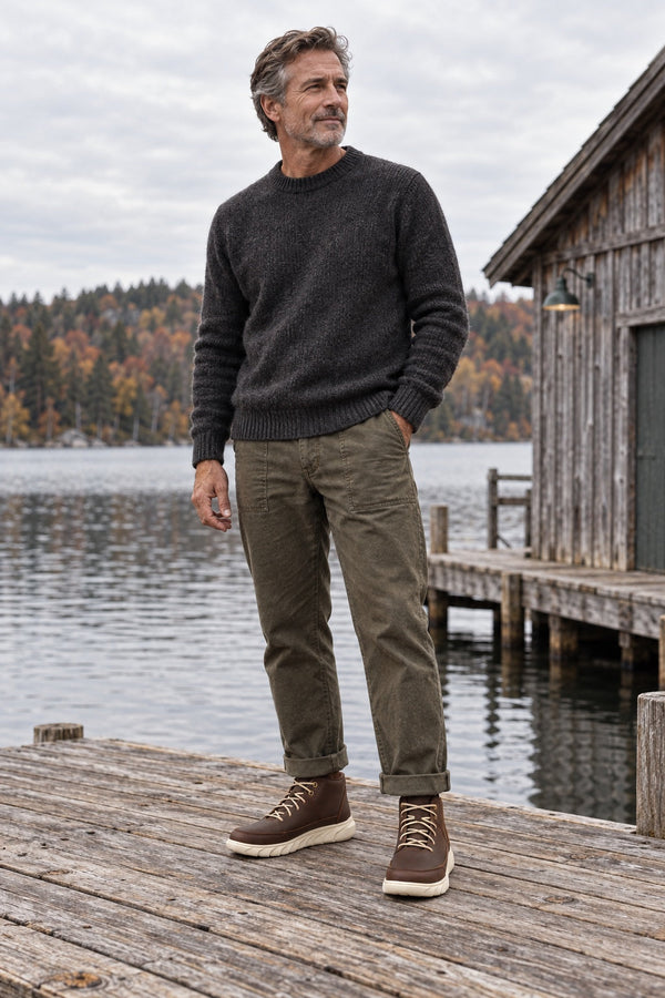 Man in Huron Boots on a lakeside dock
