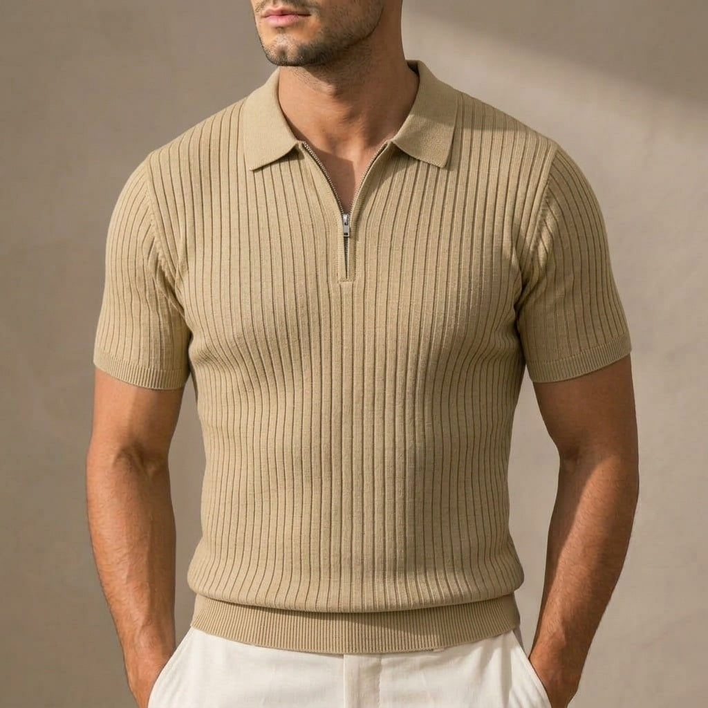 Hudson Ribbed Zip Polo in Khaki color on model