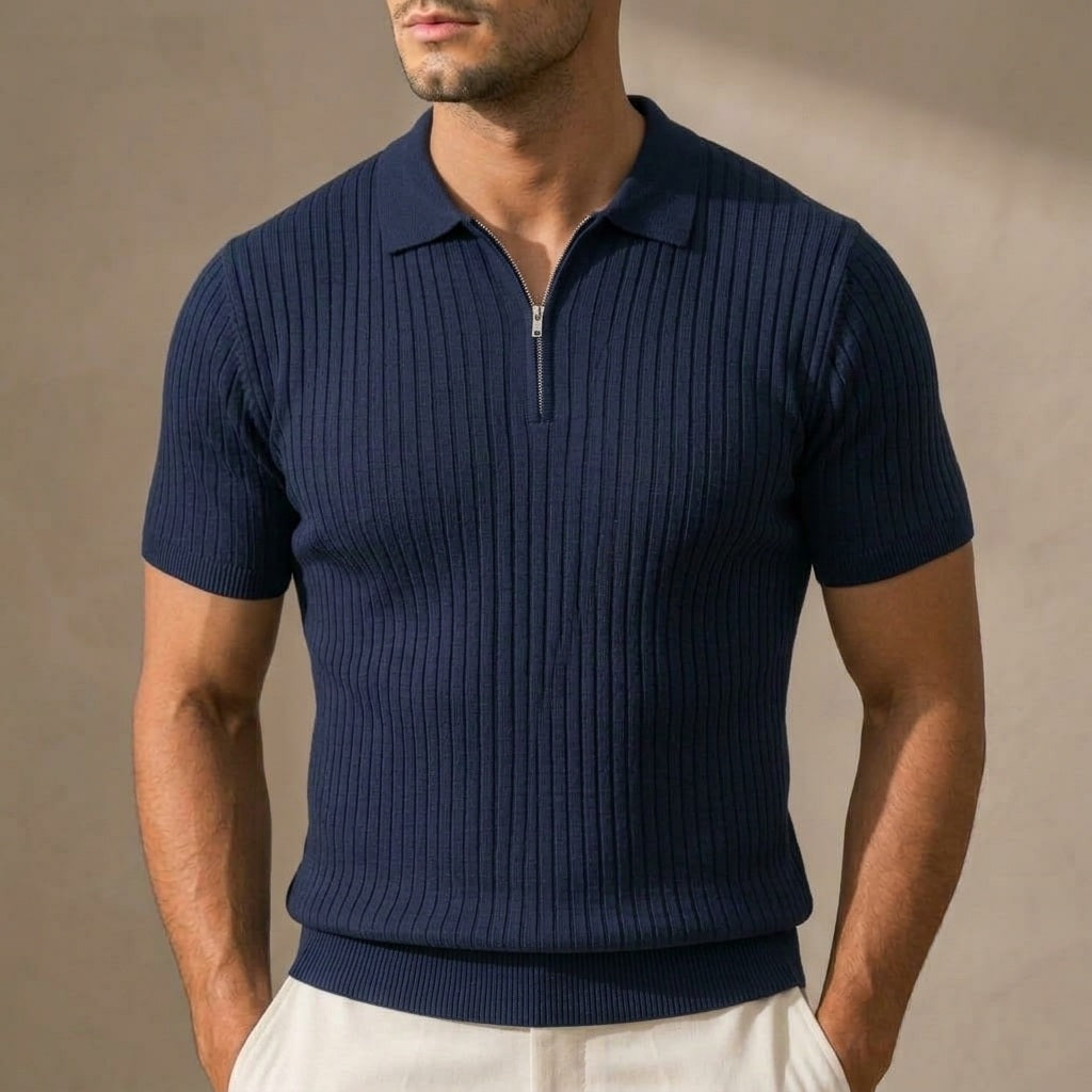 Hudson Ribbed Zip Polo in Navy blue on model