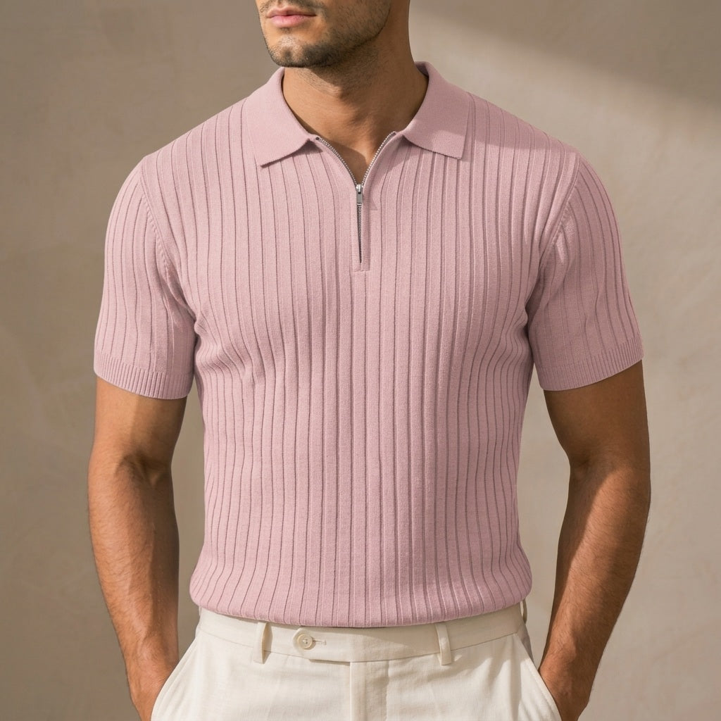 Hudson Ribbed Zip Polo in Pink on model