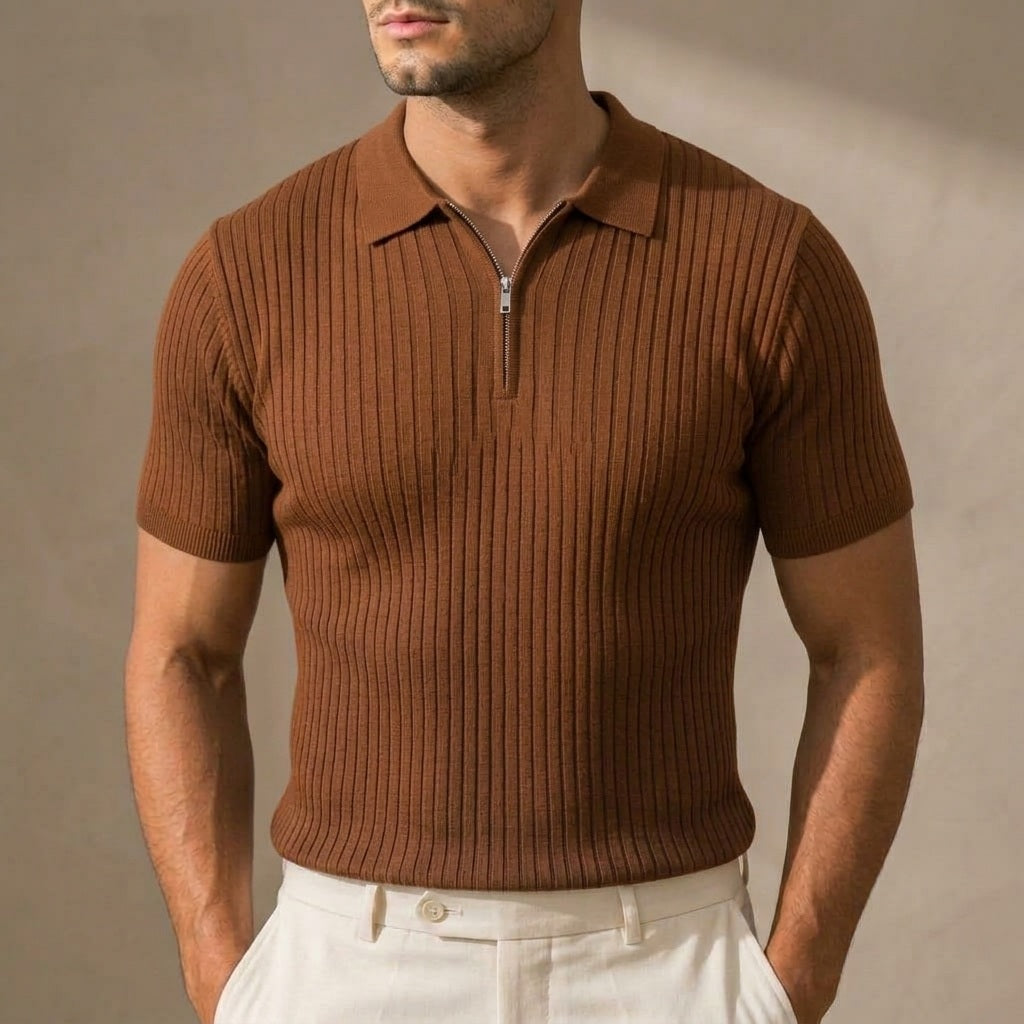 Hudson Ribbed Zip Polo in Yellow Brown on model