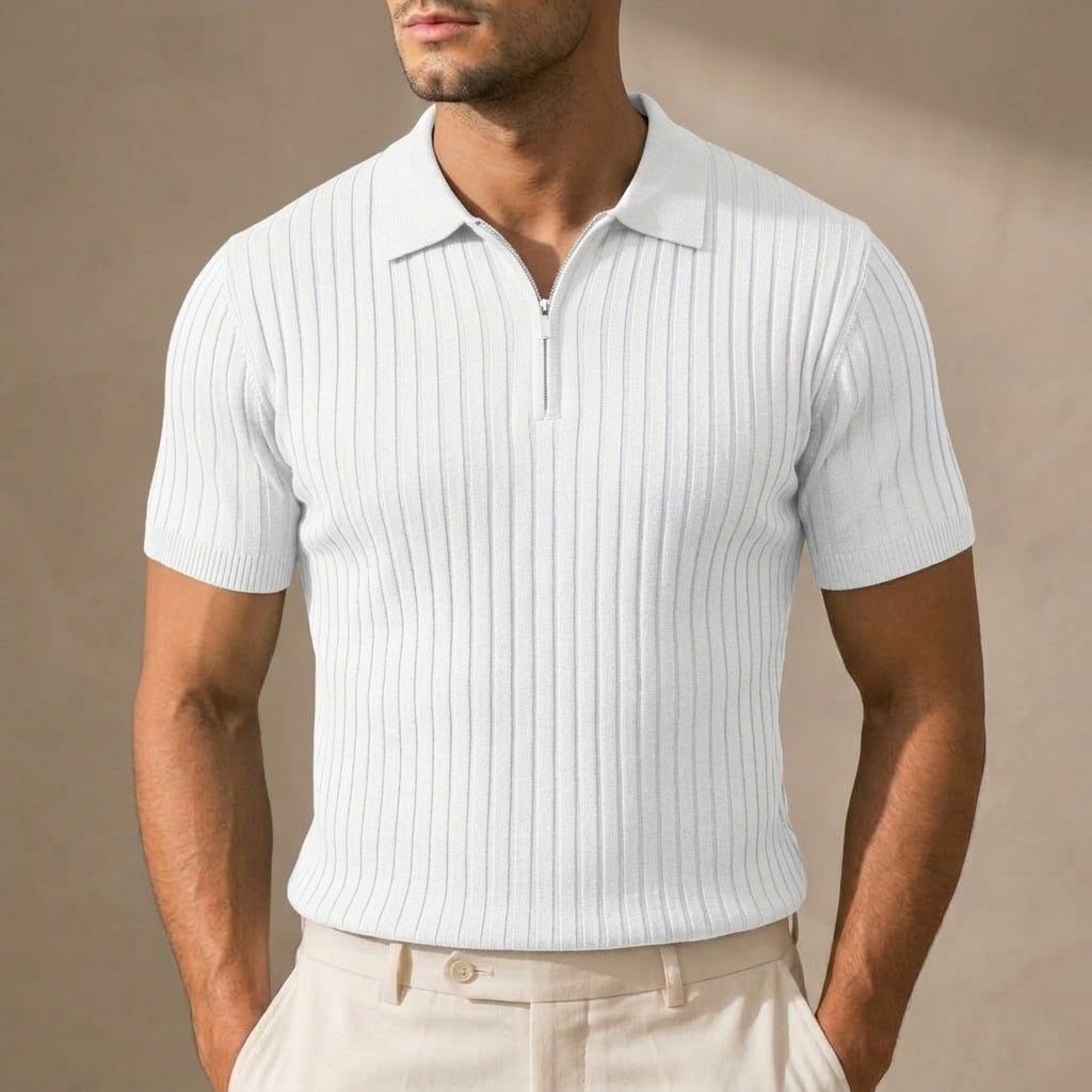 Hudson Ribbed Zip Polo in White on model